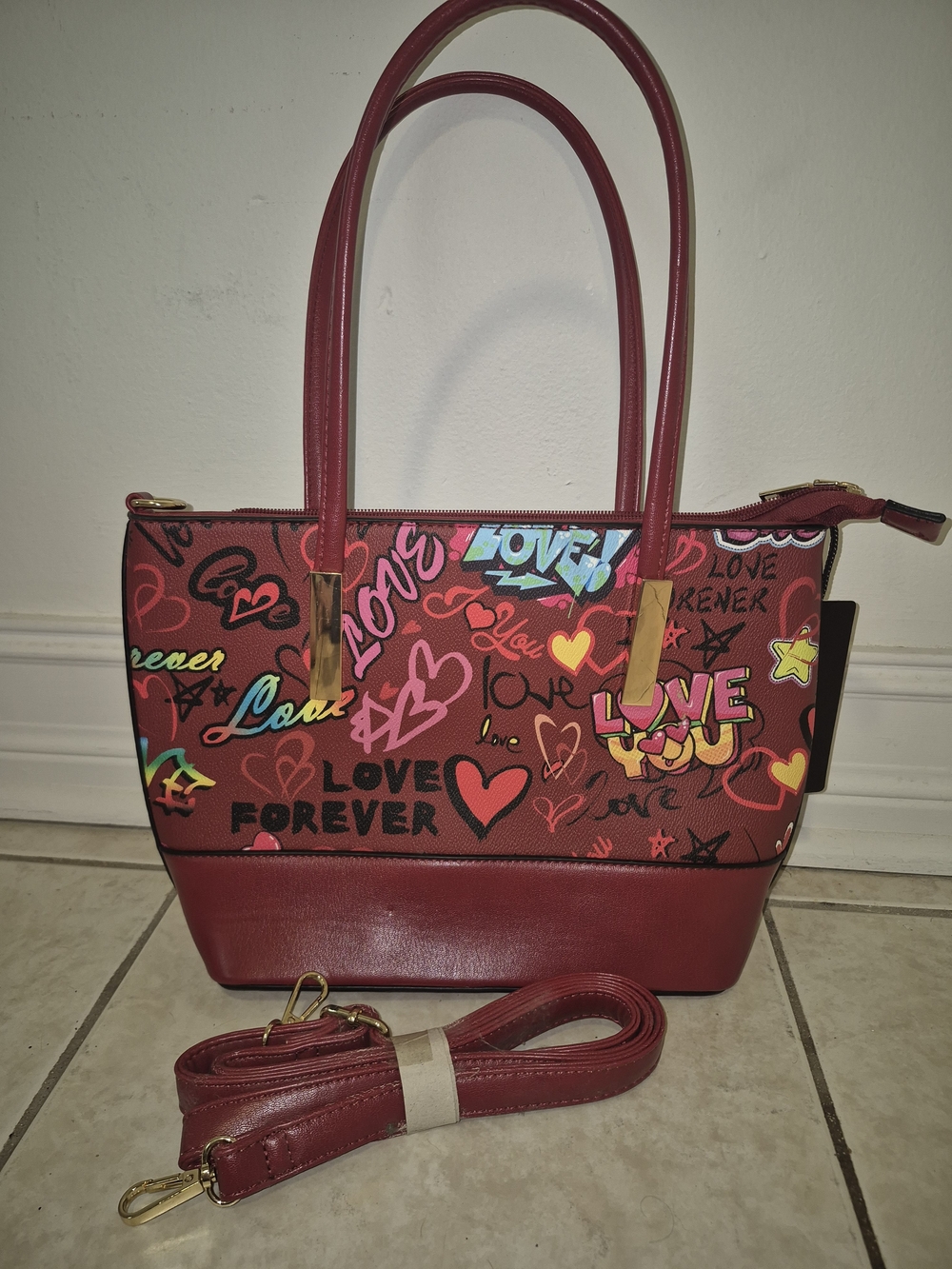 NWT Red Graphic 'Love' Tote Bag with Removable Strap